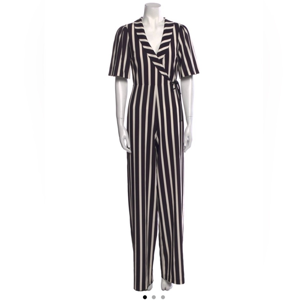 Alice + Olivia black and white striped jumpsuit.
